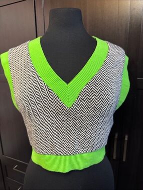 Zara Black & White Herringbone Tank with Neon Green Trim